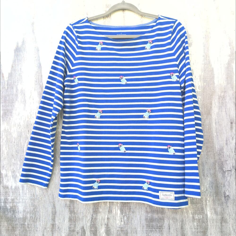 Talbots Boston Terrier Embroiderd Striped Pullover Top Women's Med